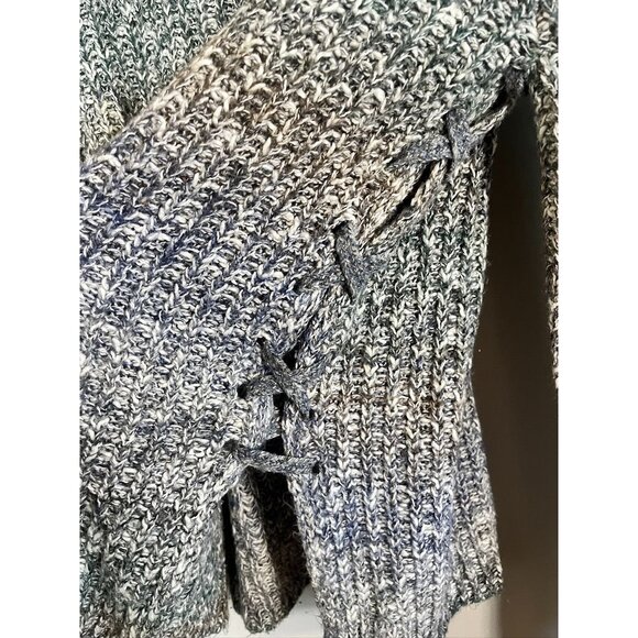 Lucky Brand Cable Knit Sweater Blue L Preppy Classic Retro Ombre Lace Up Striped - Picture 4 of 9